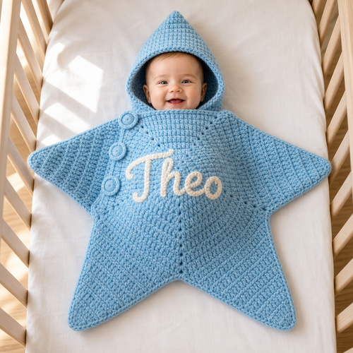 Baby wearing blue Starlie with personalized name Theo in crib